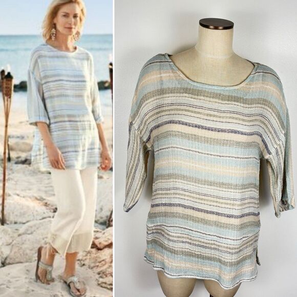 Soft Surroundings Seaside Blue Sand Woven Cotton Pullover Blouse Top Womens Med - Picture 1 of 11